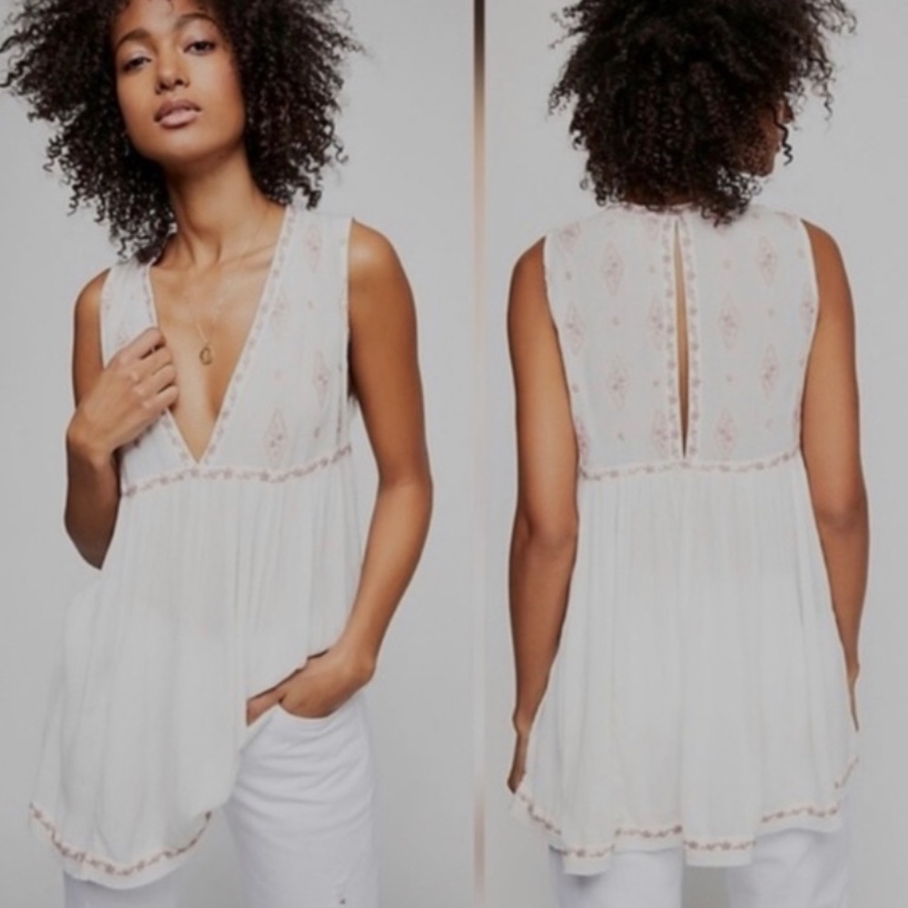 FREE PEOPLE Diamond Embroidered Boho Tunic Tank Blouse